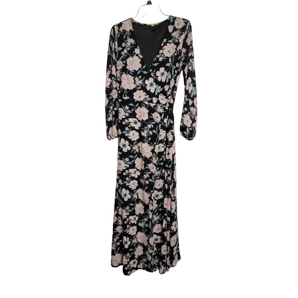 Gianni Bini Womens Floral Print Wrap Maxi Dress Sz S Black Peach Long Sleeve 59" - Picture 5 of 9